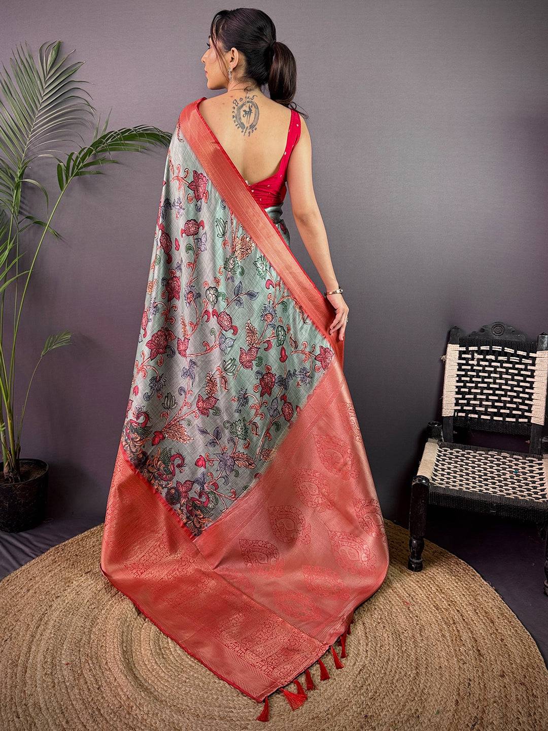 Sea Green Cherry Satin Kalamkari Saree