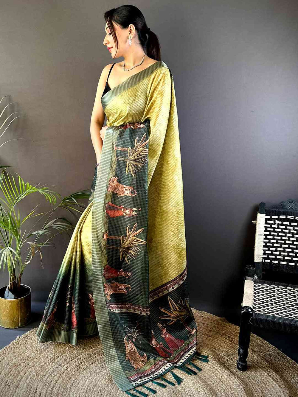 Olive Kalamkari Pichwai Black Check Saree