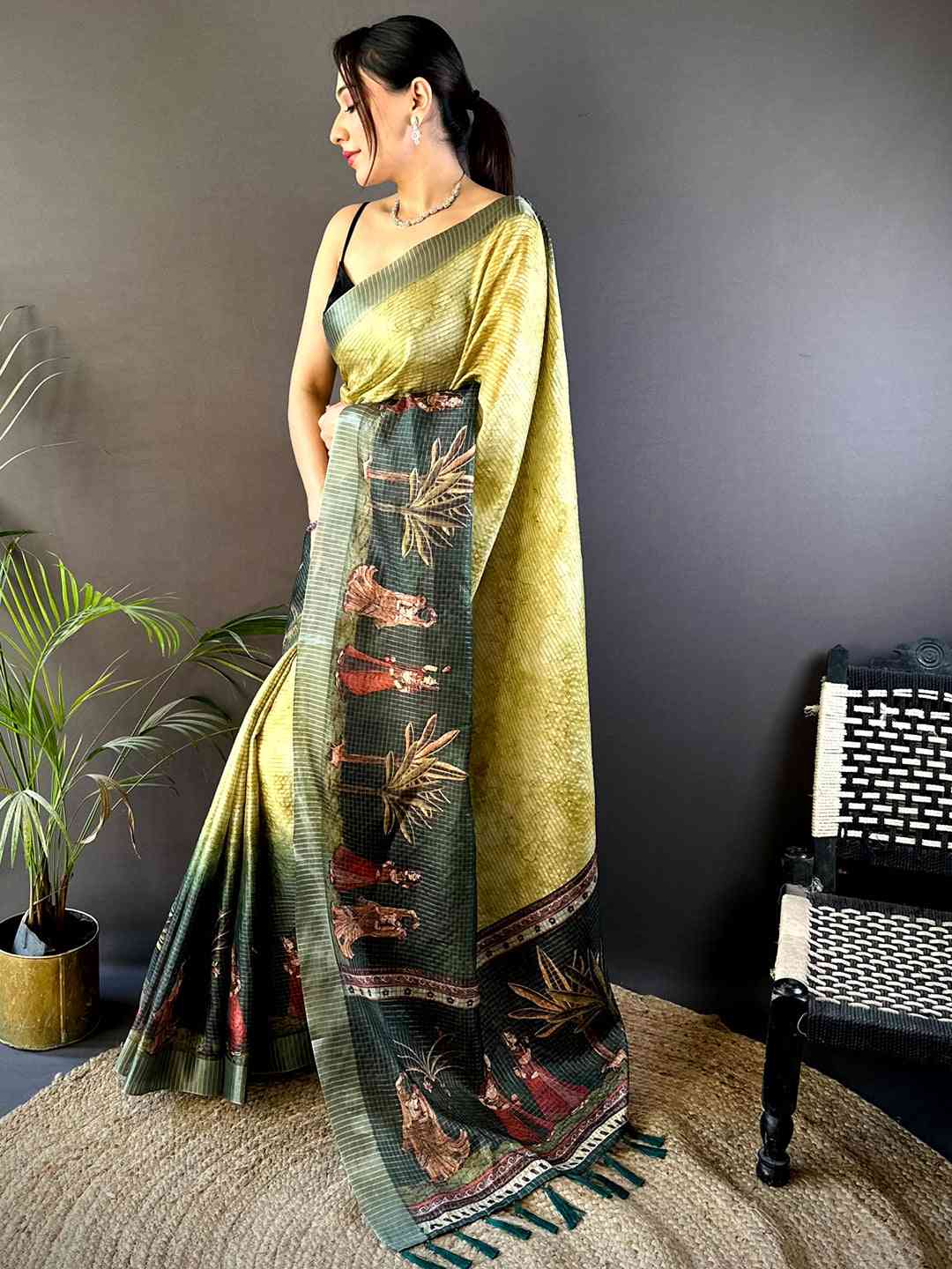 Olive Kalamkari Pichwai Black Check Saree