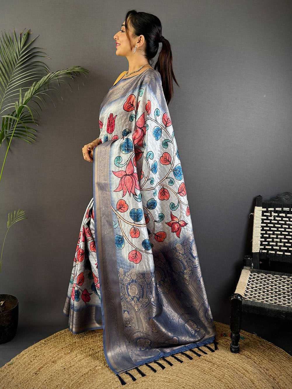 Blue Freehand Design Gadwal Saree