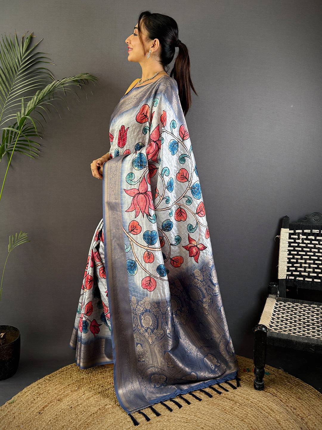 Blue Freehand Design Gadwal Saree