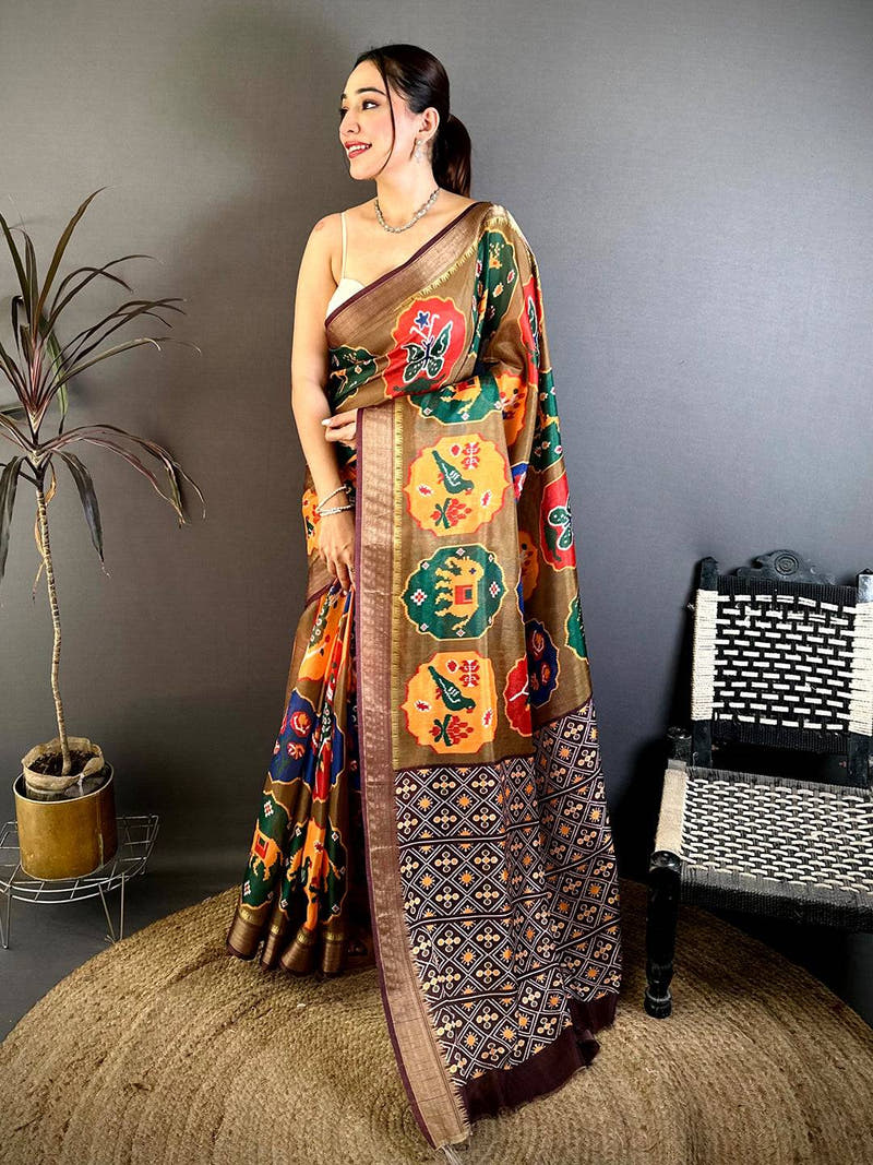 Brown Soft Dola Big Ikkat Minakari Print Saree
