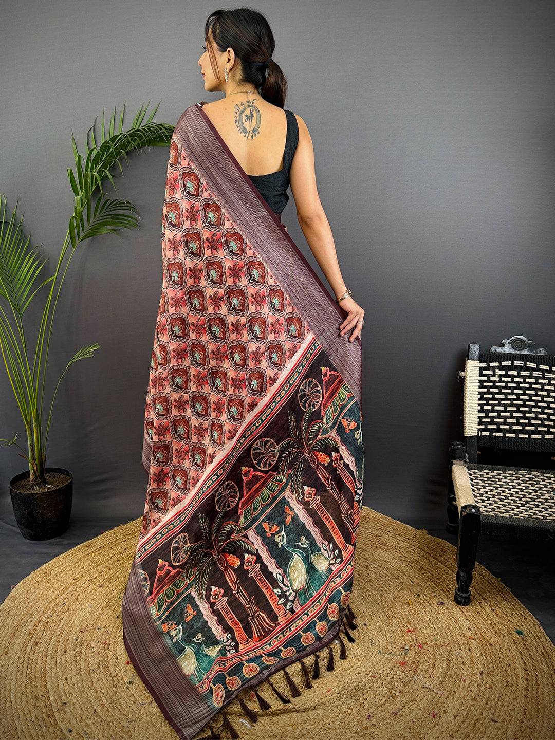 Peach Linen Block Kalamkari Print Saree