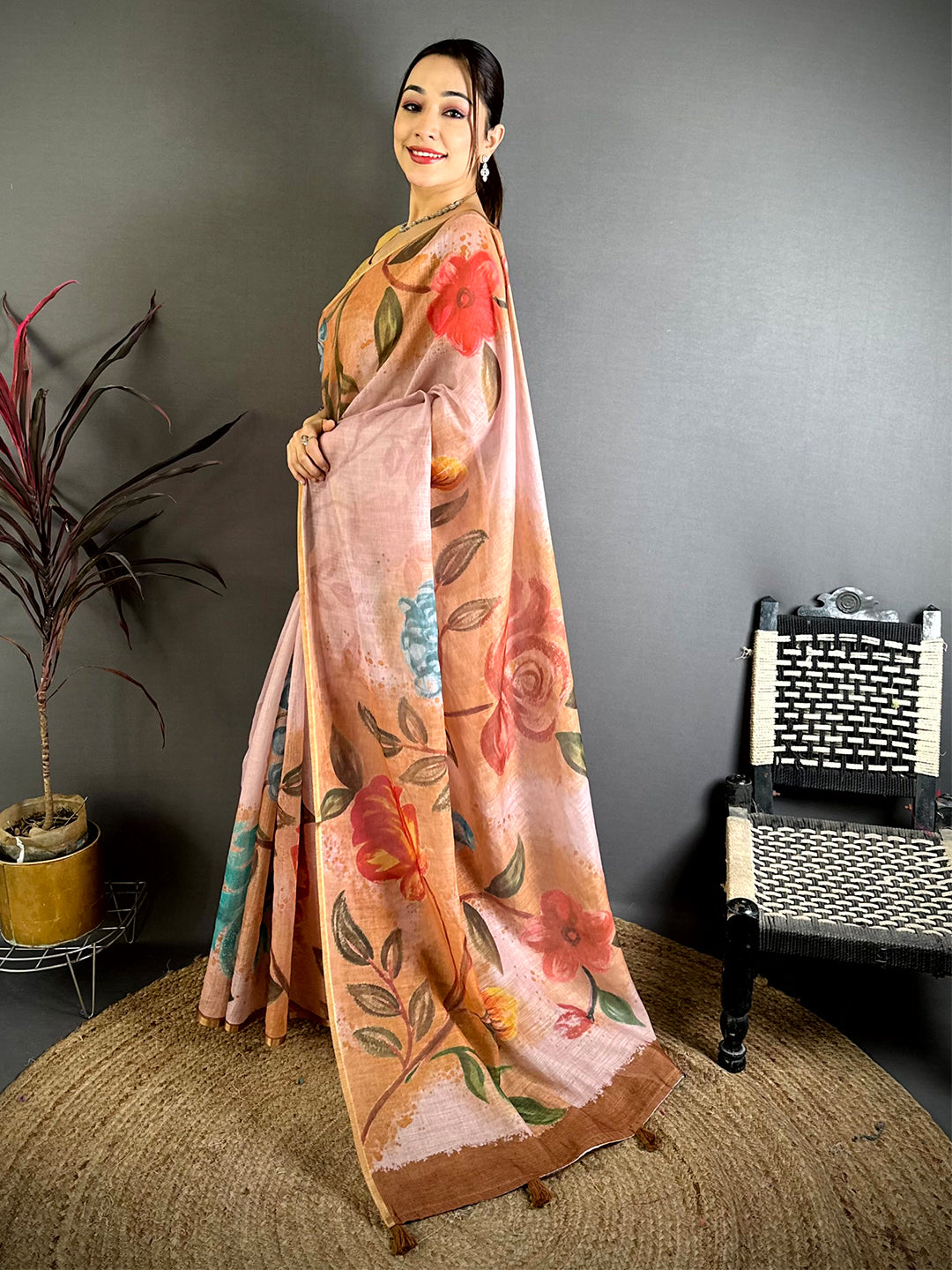 Peach Gold Zari Linen Chanderi Saree