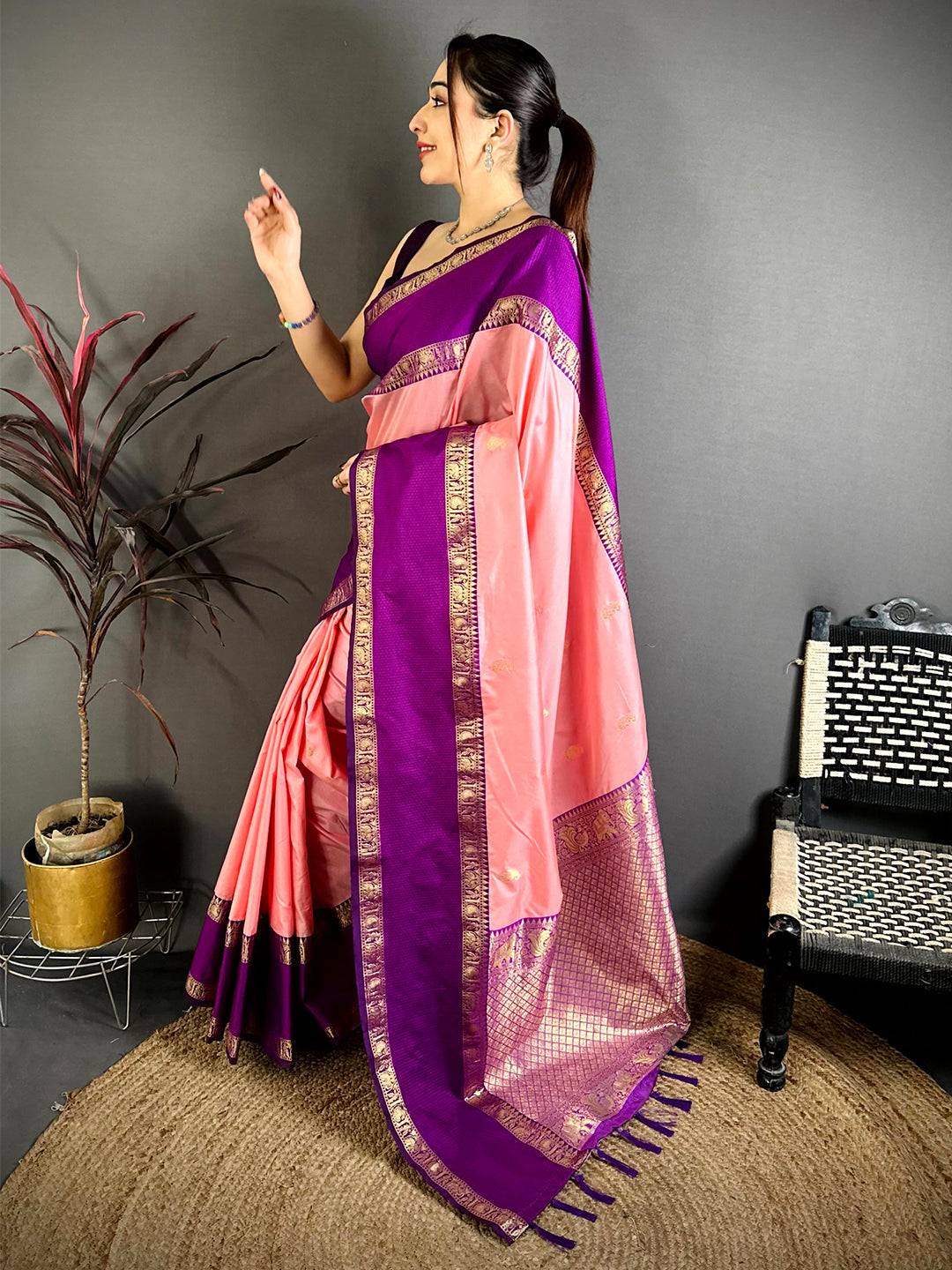 Peach Gadwal Pure Soft Silk Saree