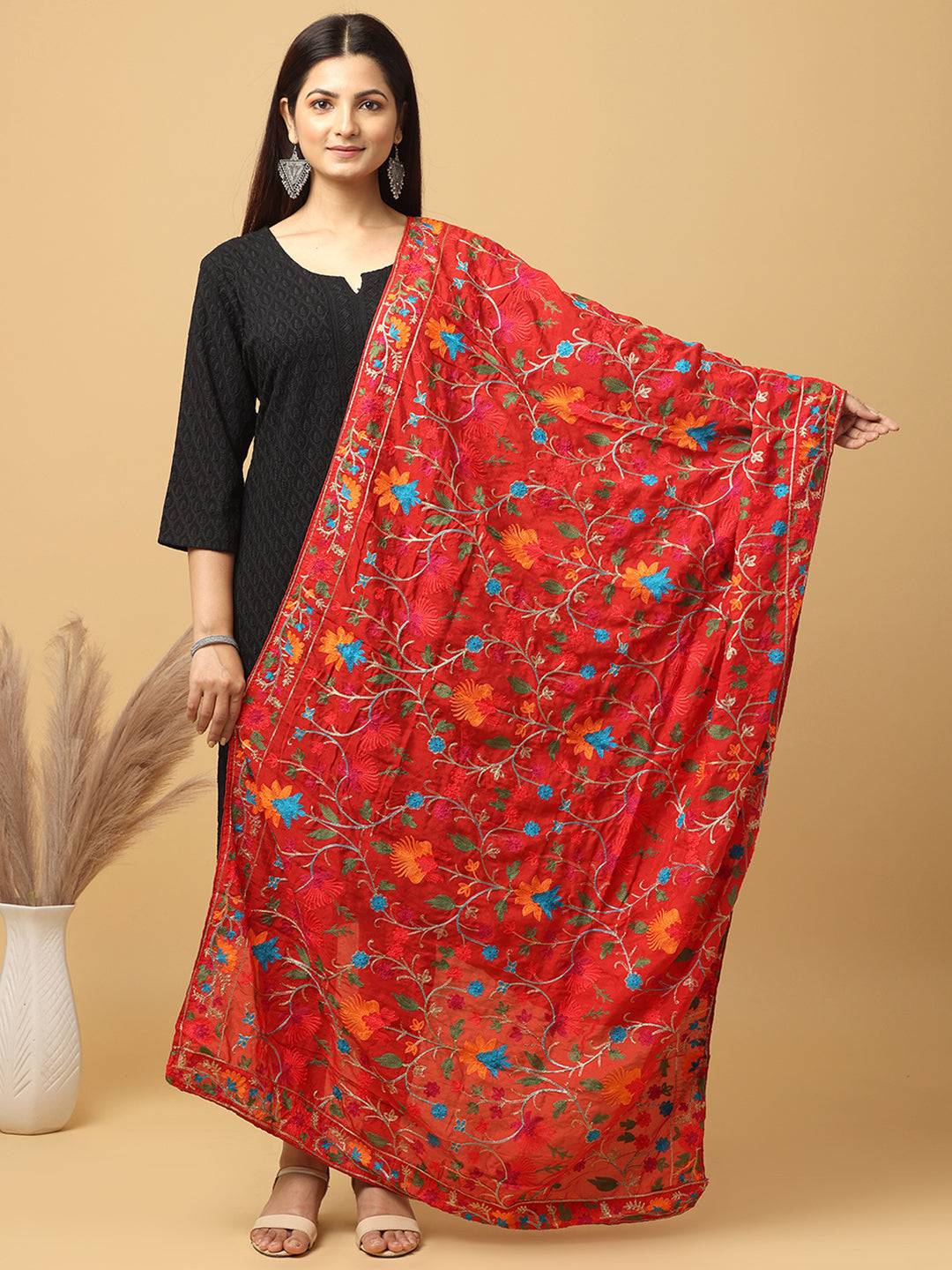 Red Bollywood poly chiffon pashmina dupatta with threadwork.