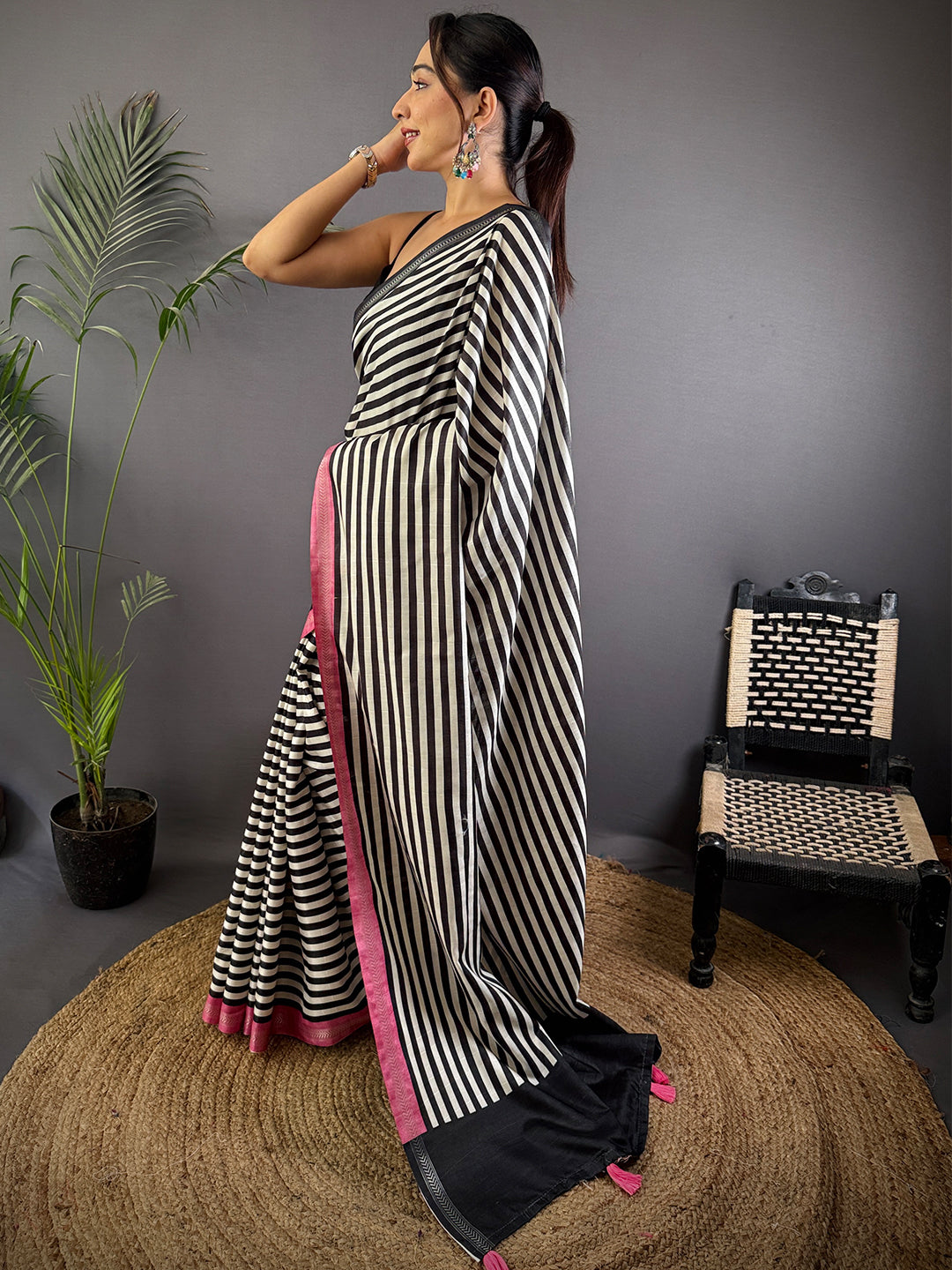 Tussar Ghicha Silk Striped Printed Saree