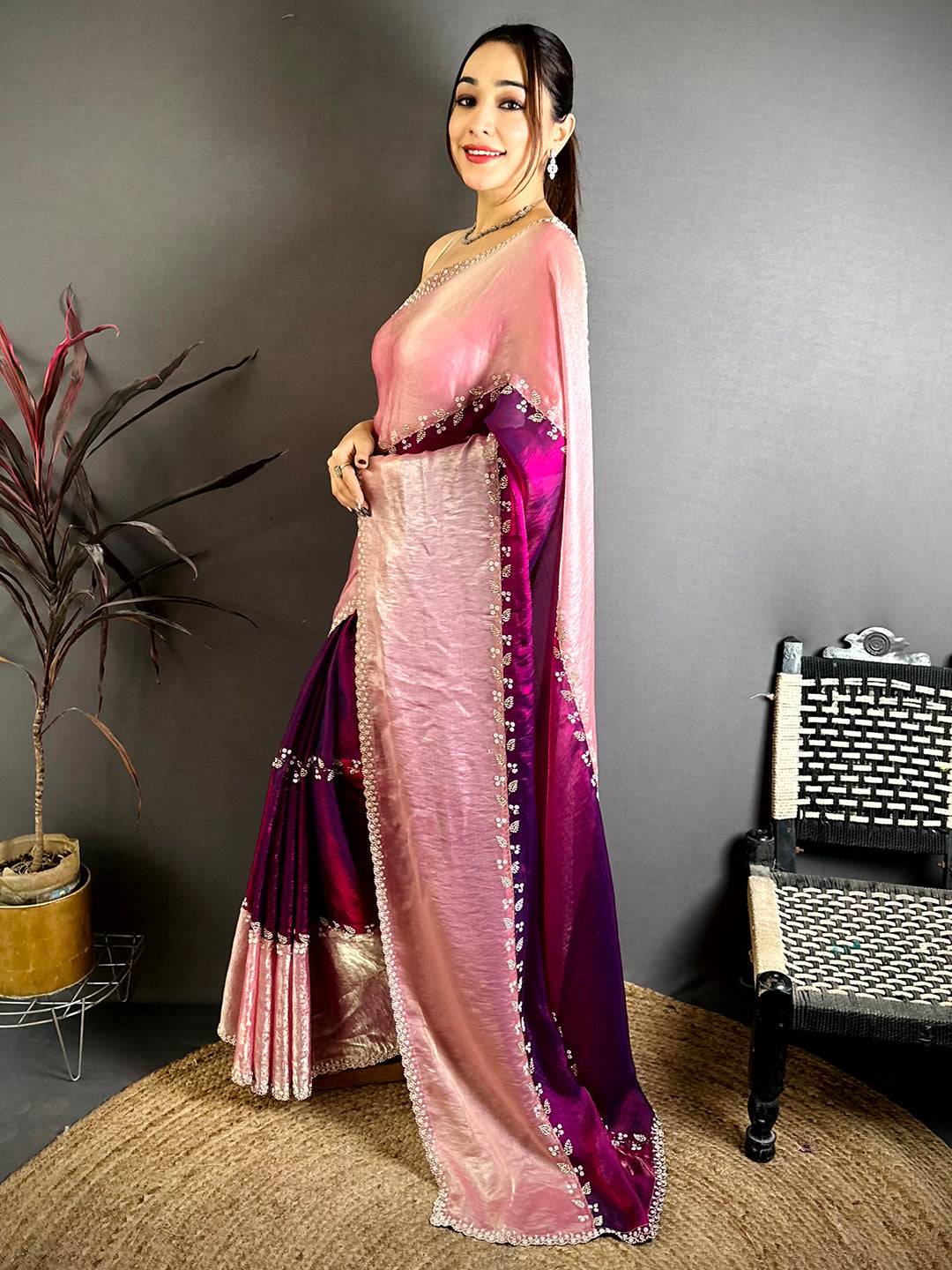 Stylish Peal Satin Tissue Saree