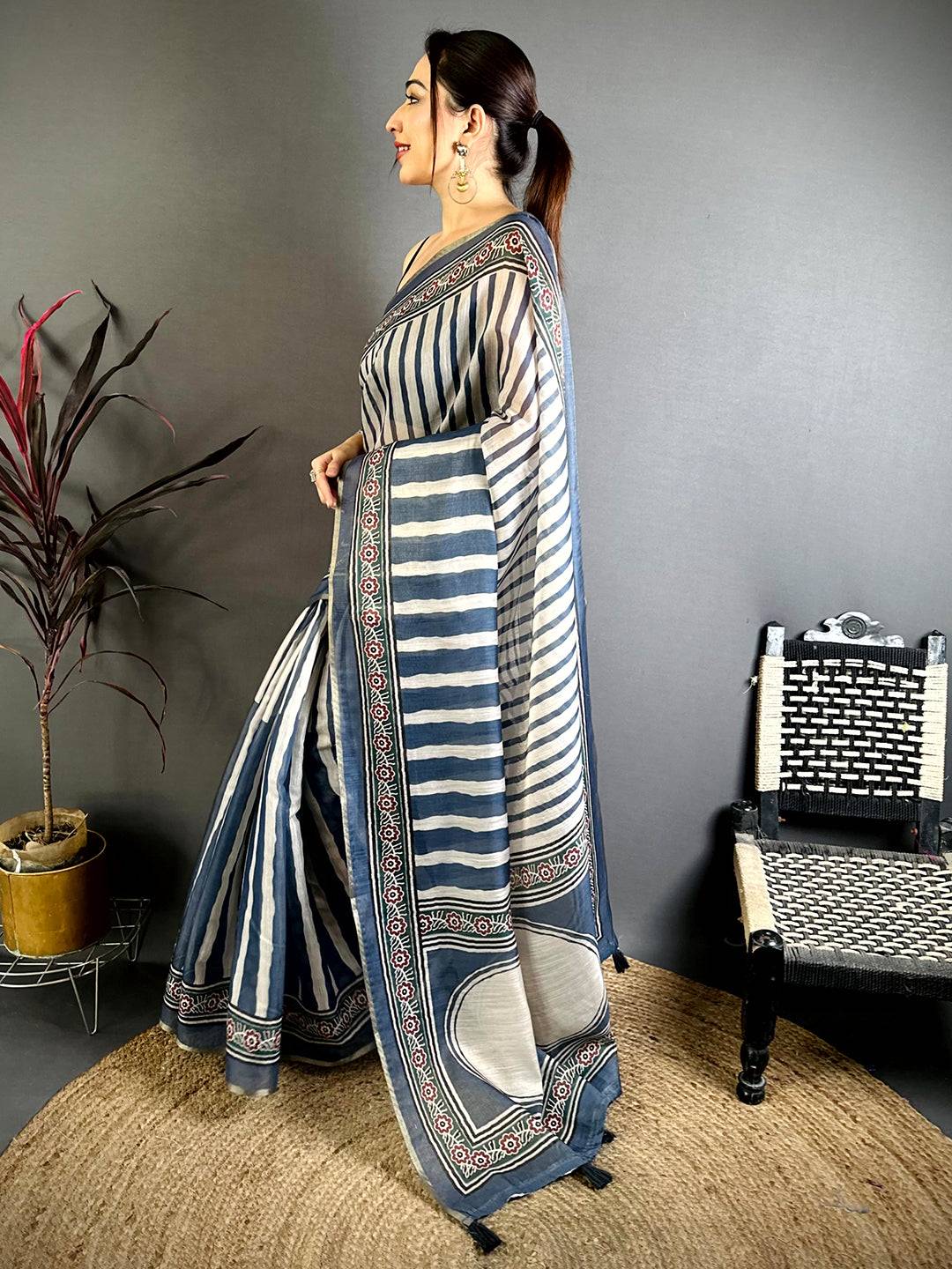 Timeless Ajrakh Print Linen Saree