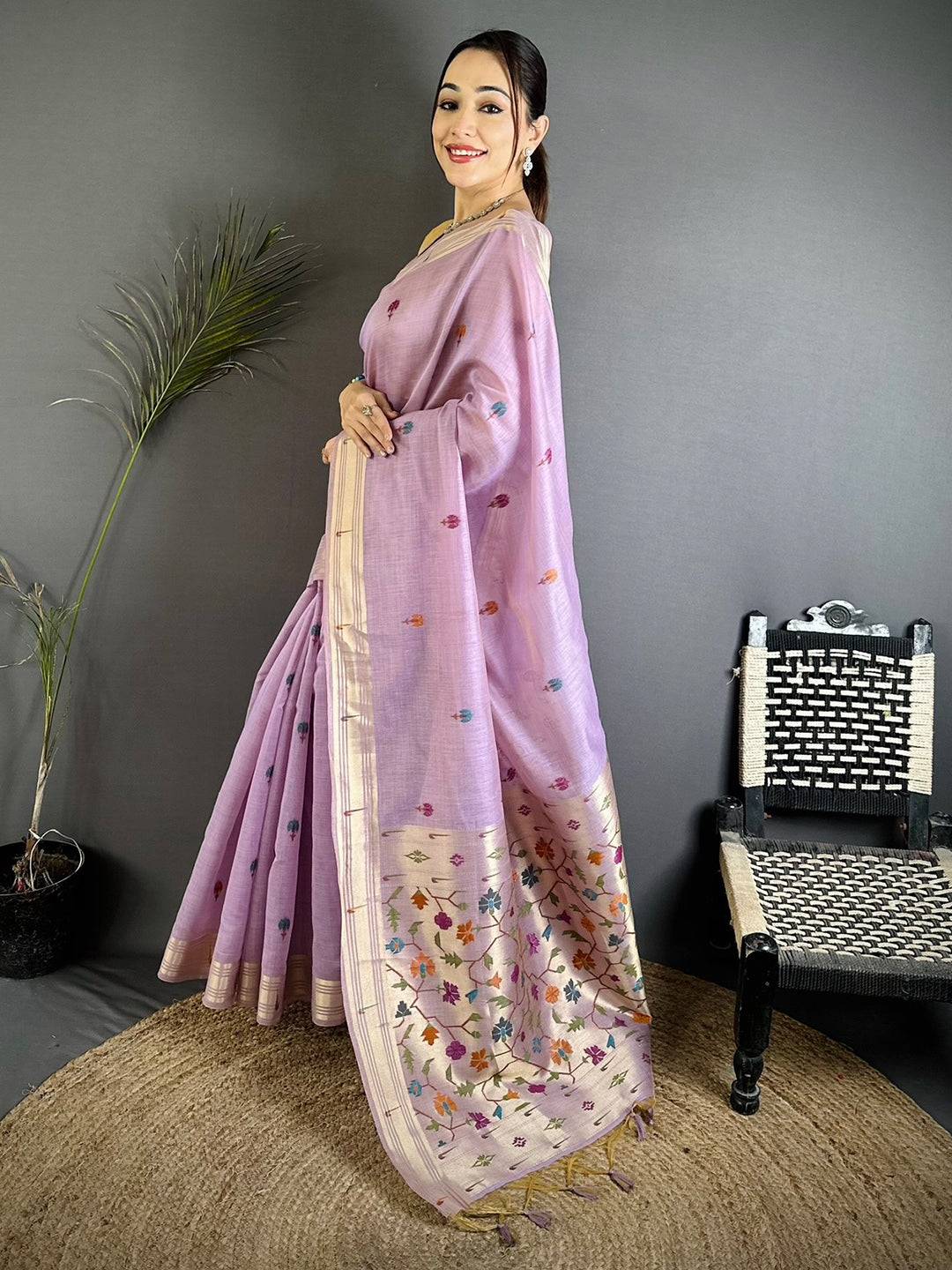 Lavender Geometric Patola Khadi Linen Saree