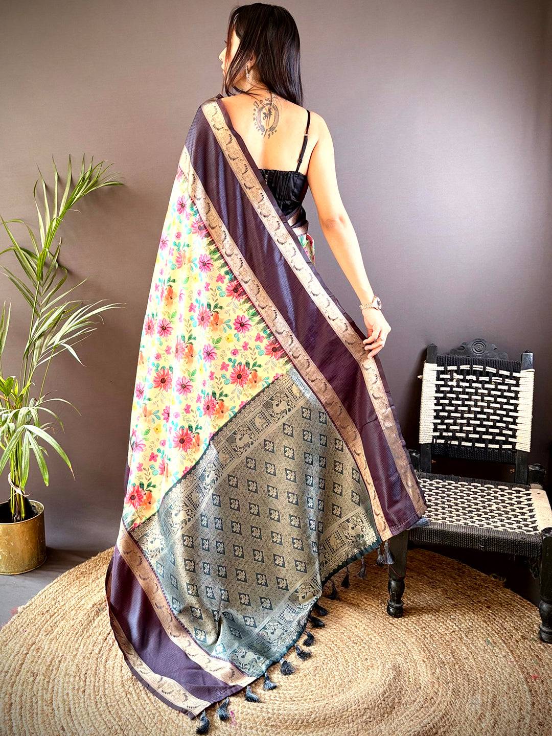 Back view of navy blue Banarasi saree with floral and geometric design