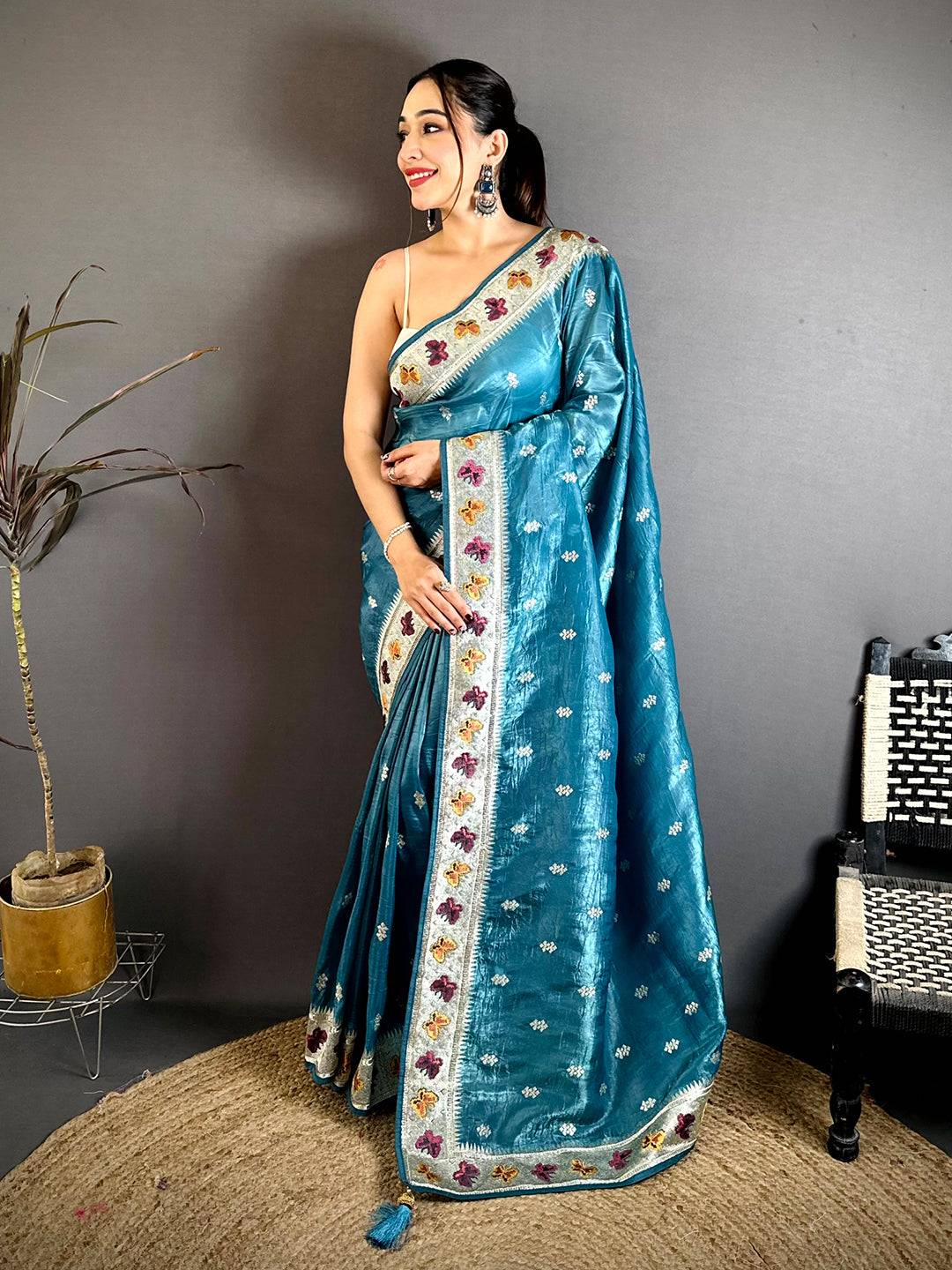Rama Crush Silk Zari Embroidered Saree