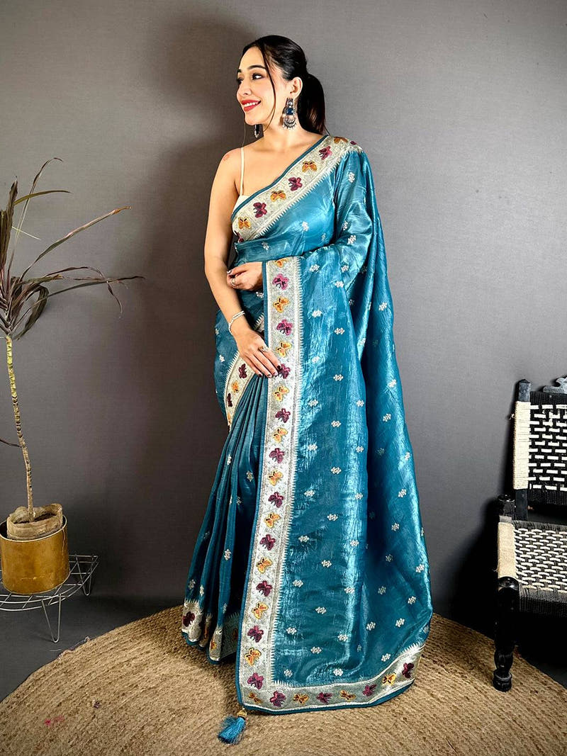 Rama Crush Silk Zari Embroidered Saree