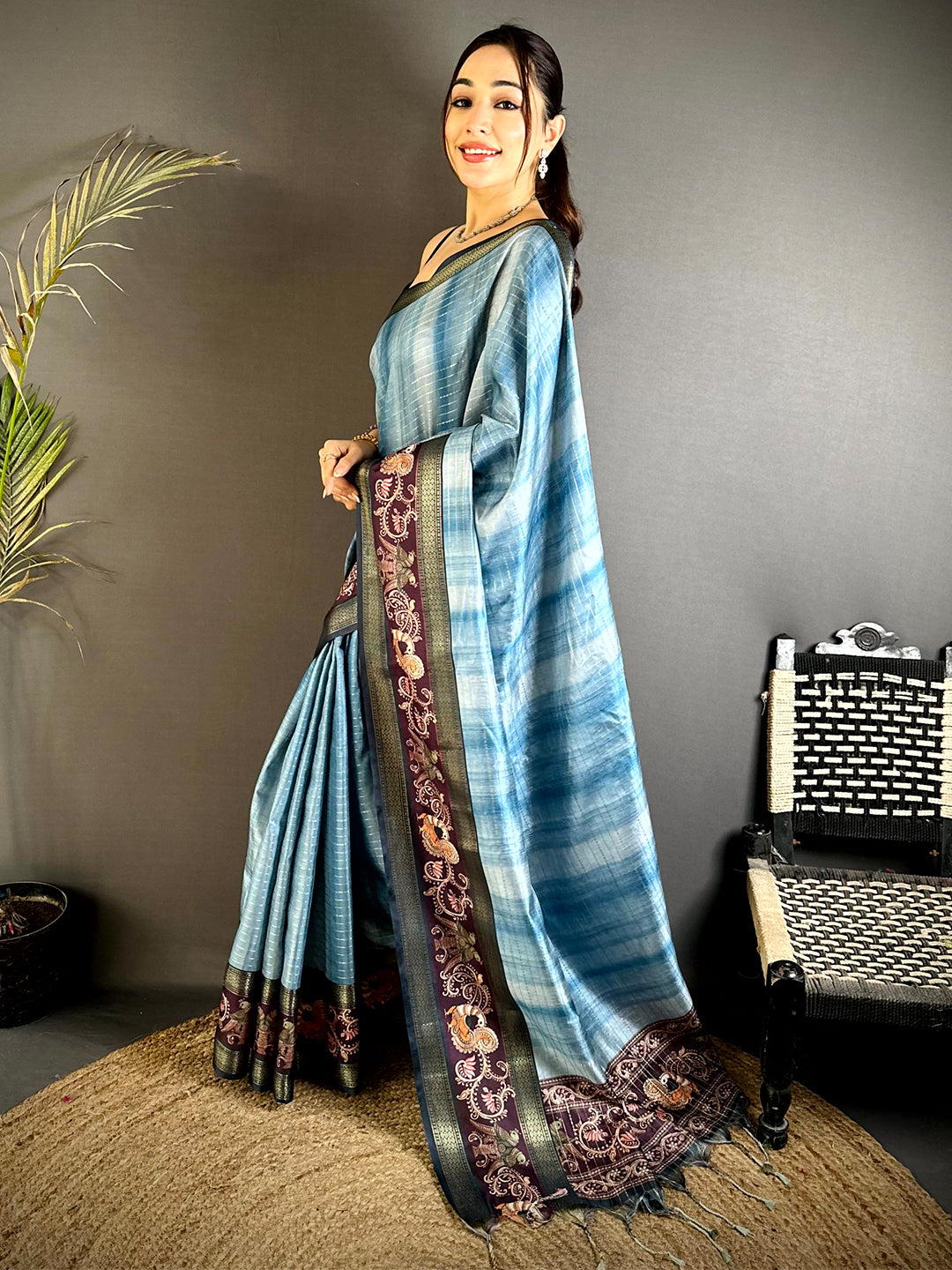 Blue Shibori Print Semi Silk Saree