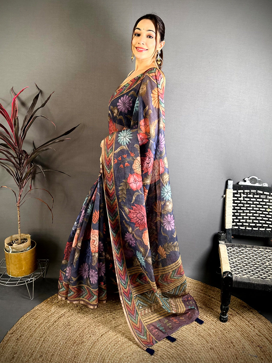 Purple Kalamkari Linen Chanderi Saree