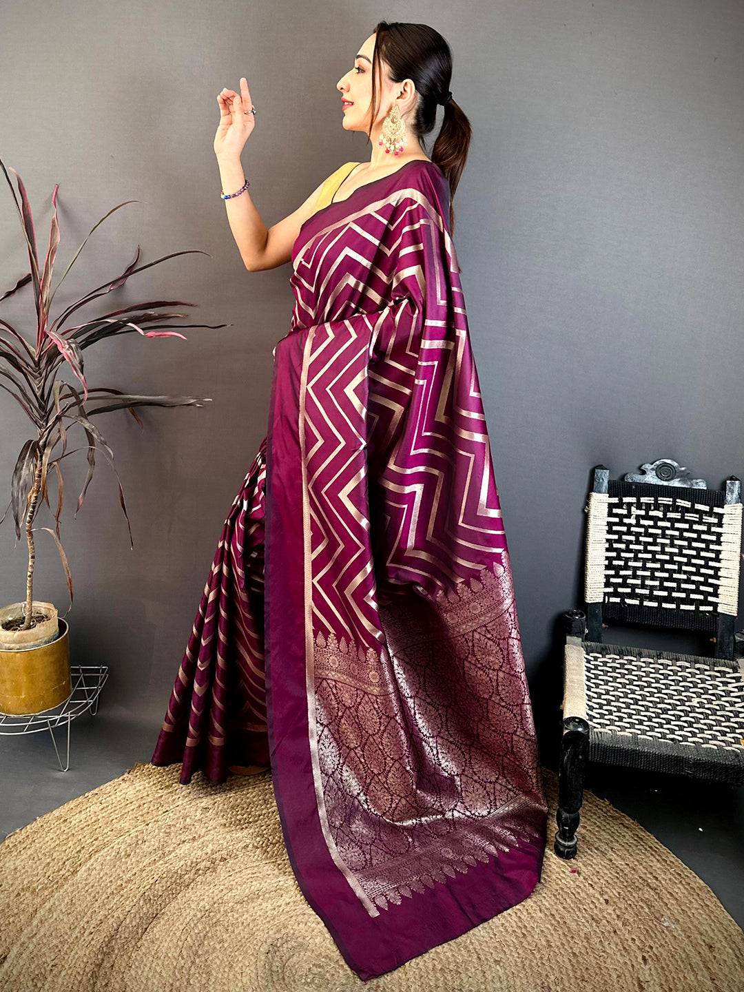 Wine Geometric Zari Weave Banarasi Saree
