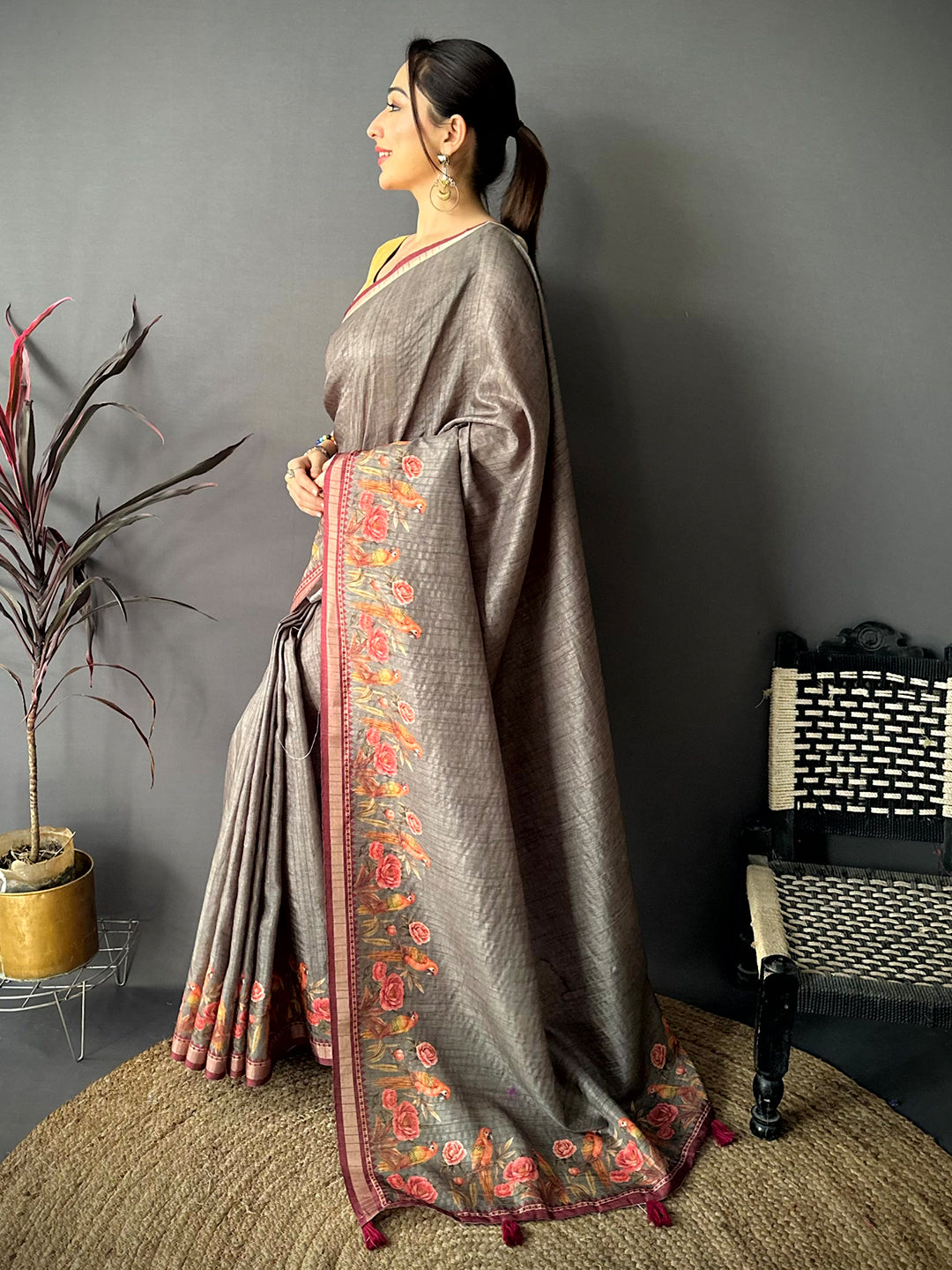 Regal Grey Ghicha Munga Saree