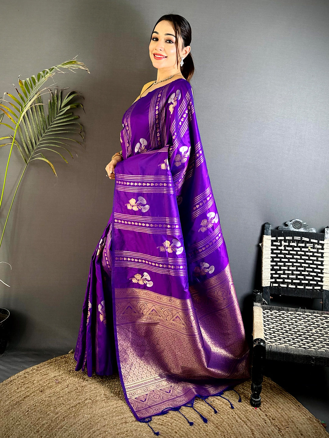 Purple Sona Chandi Striped Silk Saree