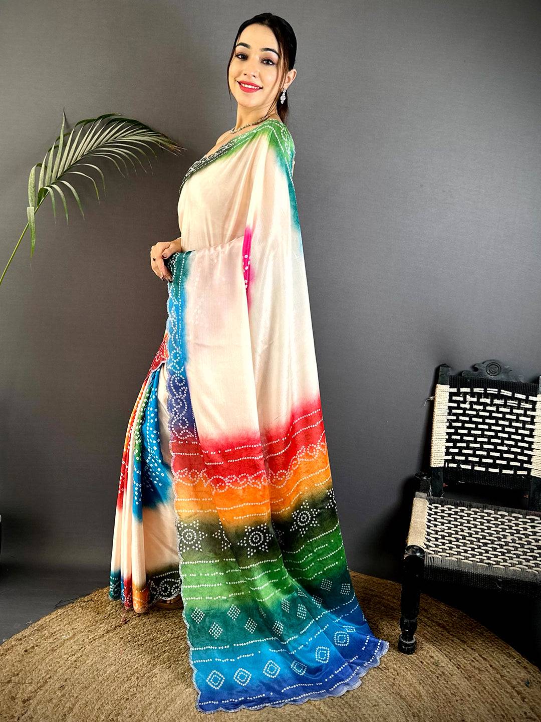 Stylish Chiffon Bandhej Swarovski Saree