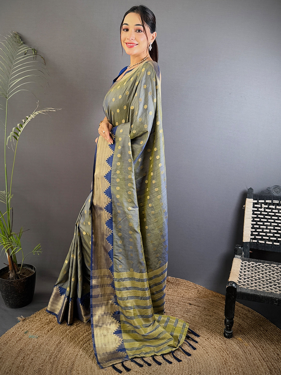 Grey Hand Dyed Raw Silk Saree