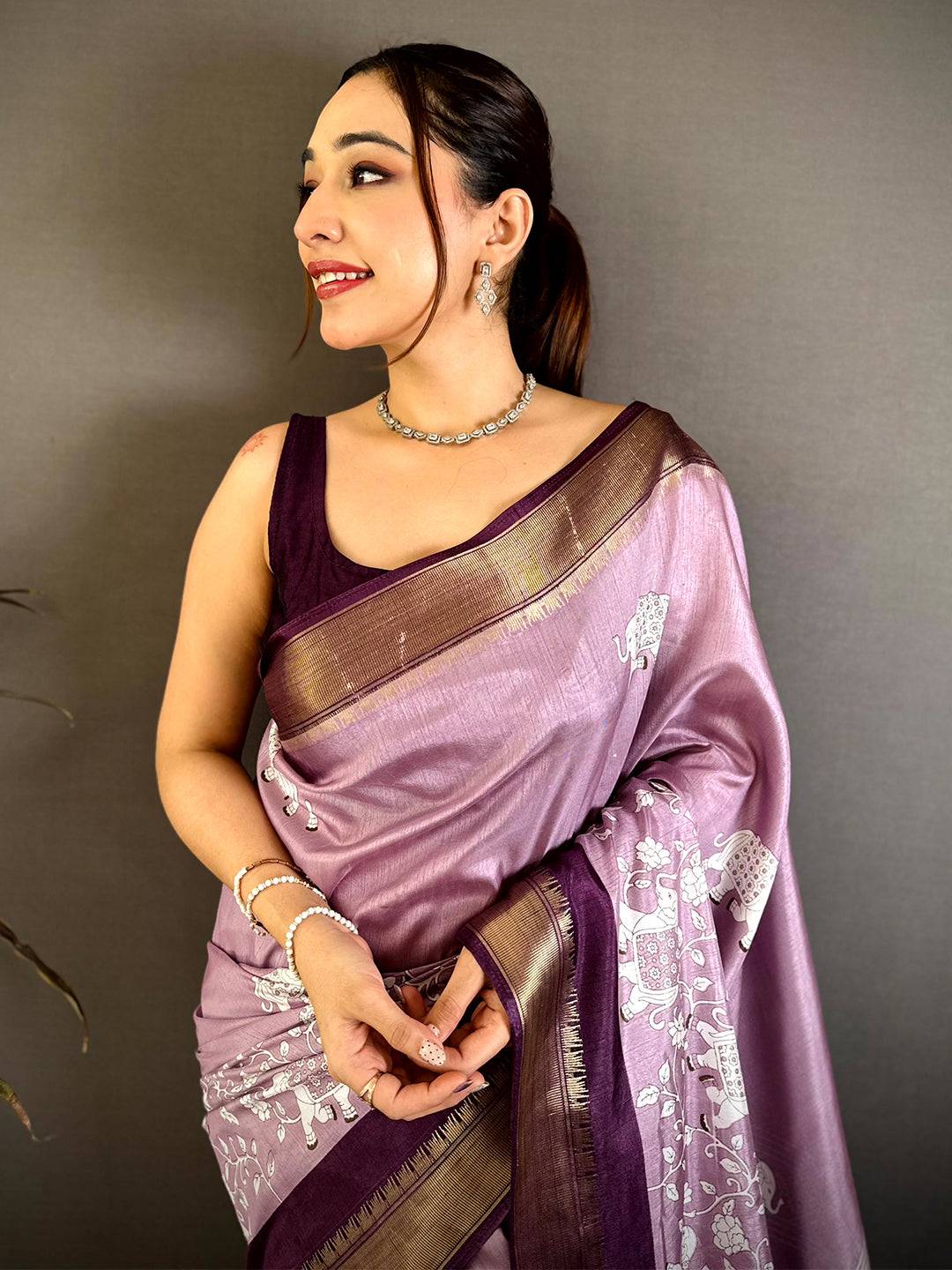 Lavender Soft Dola Block Kalamkari Zari Saree