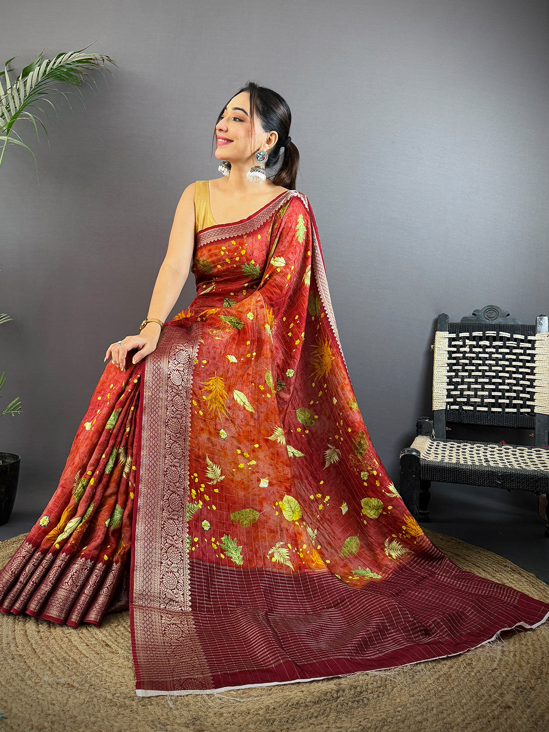 Rust Red Pure Viscose Checked Saree