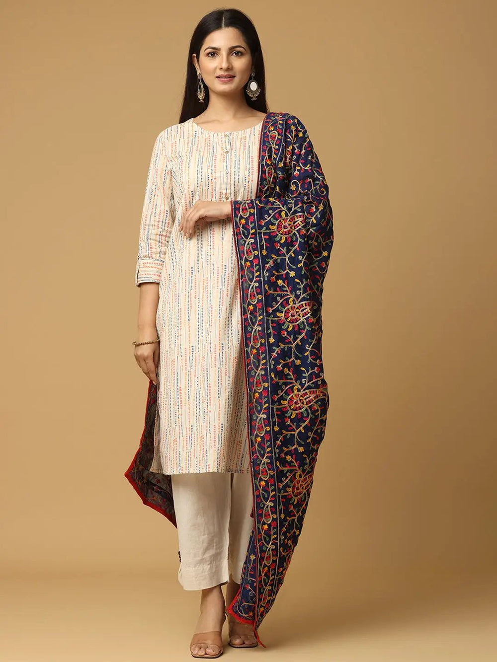 Navy Dupatta with colorful threadwork and ethnic motifs