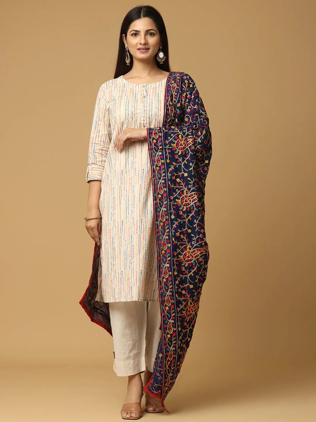 Navy Dupatta with colorful threadwork and ethnic motifs