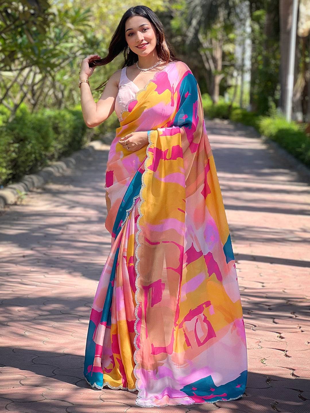 Elegant floral print saree in satin georgette fabric