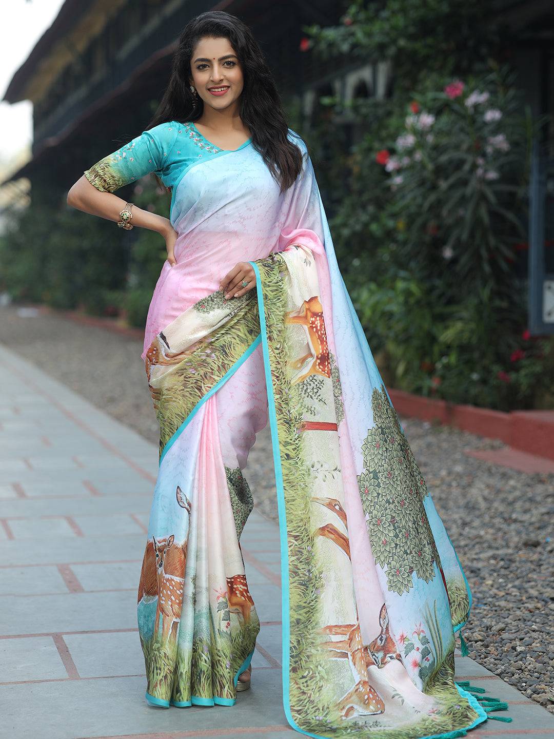 Latest Satin Georgette Multi Colour Hand Print Saree
