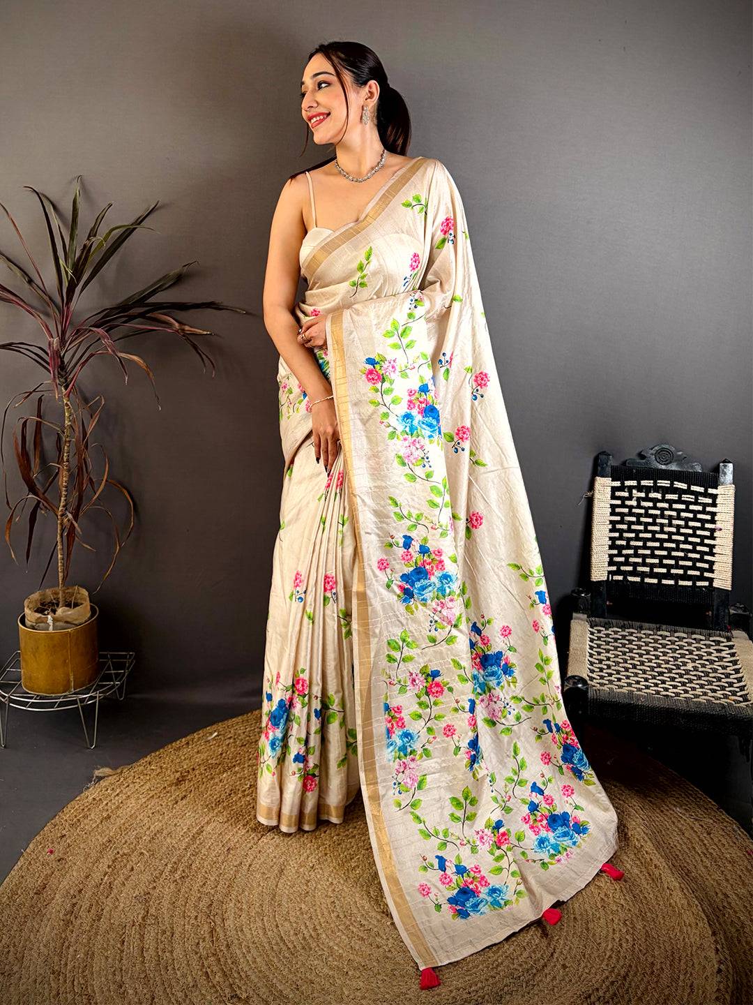 Artisan Tussar Floral Ghicha Weaving Saree