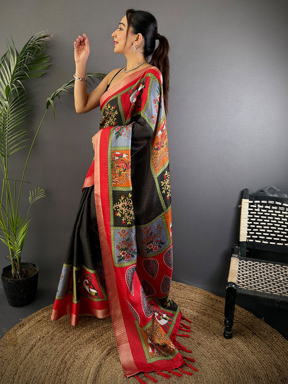 Black Tussar Kalalmkari Print Saree