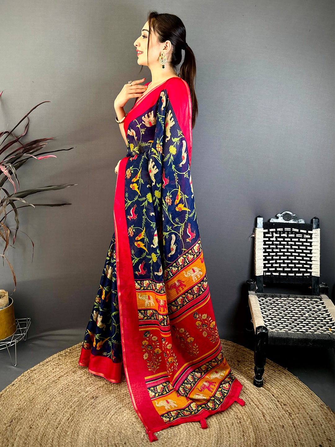 Navy Kota Doriya Block Print Saree