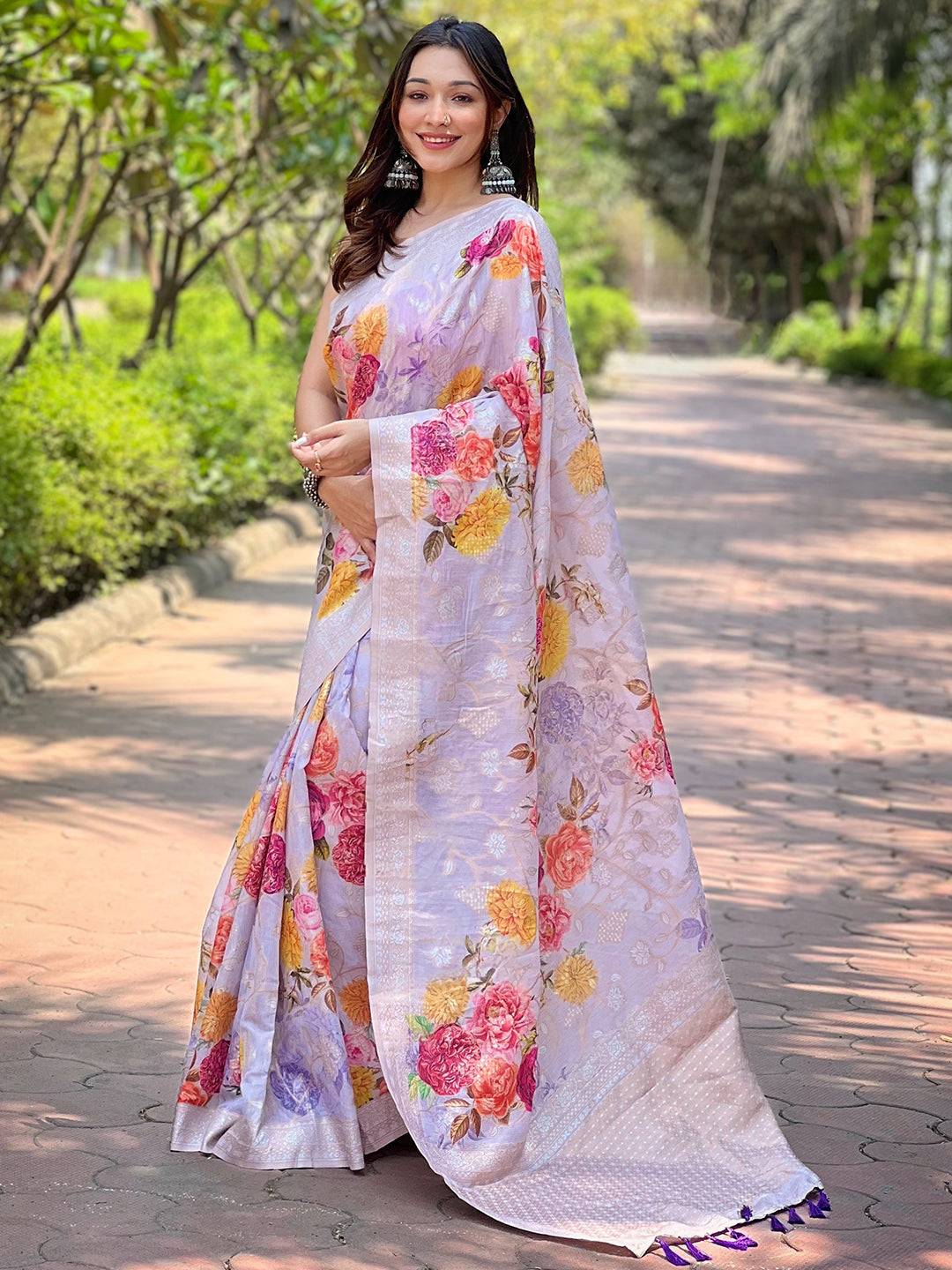 Traditional Lavender Lakhnavi Bandla Zari Saree with floral motifs