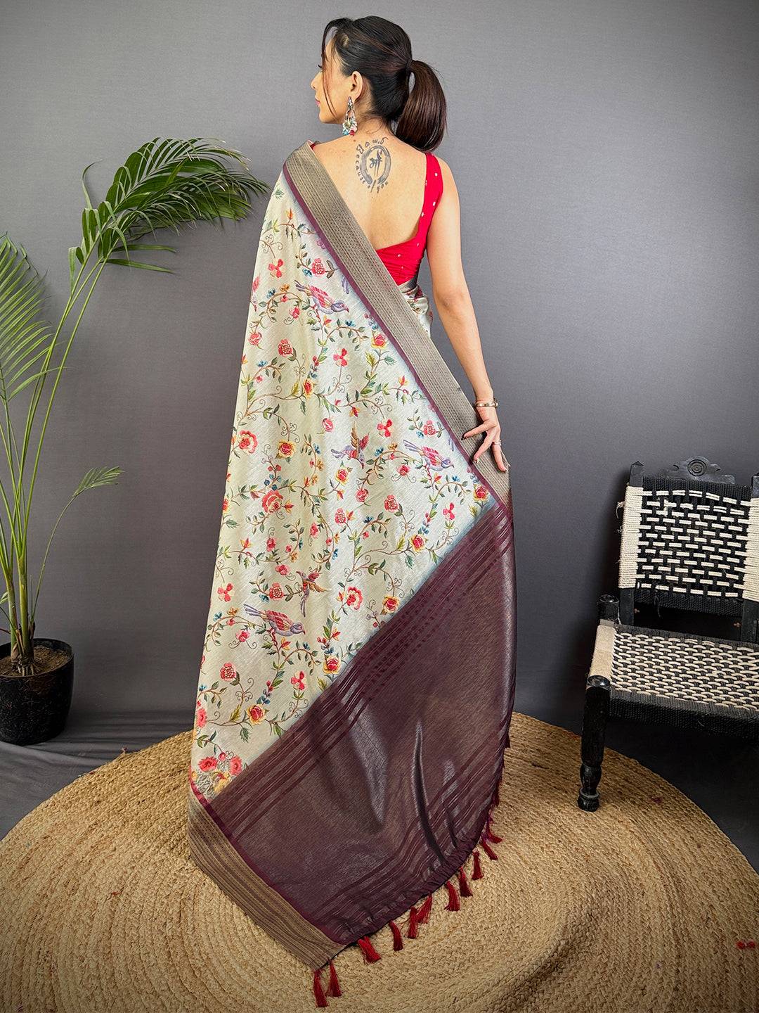 Grey Tussar Silk Digital Print Saree
