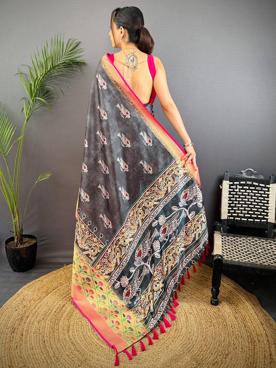 Black Freehand Digital Print Soft Silk Saree