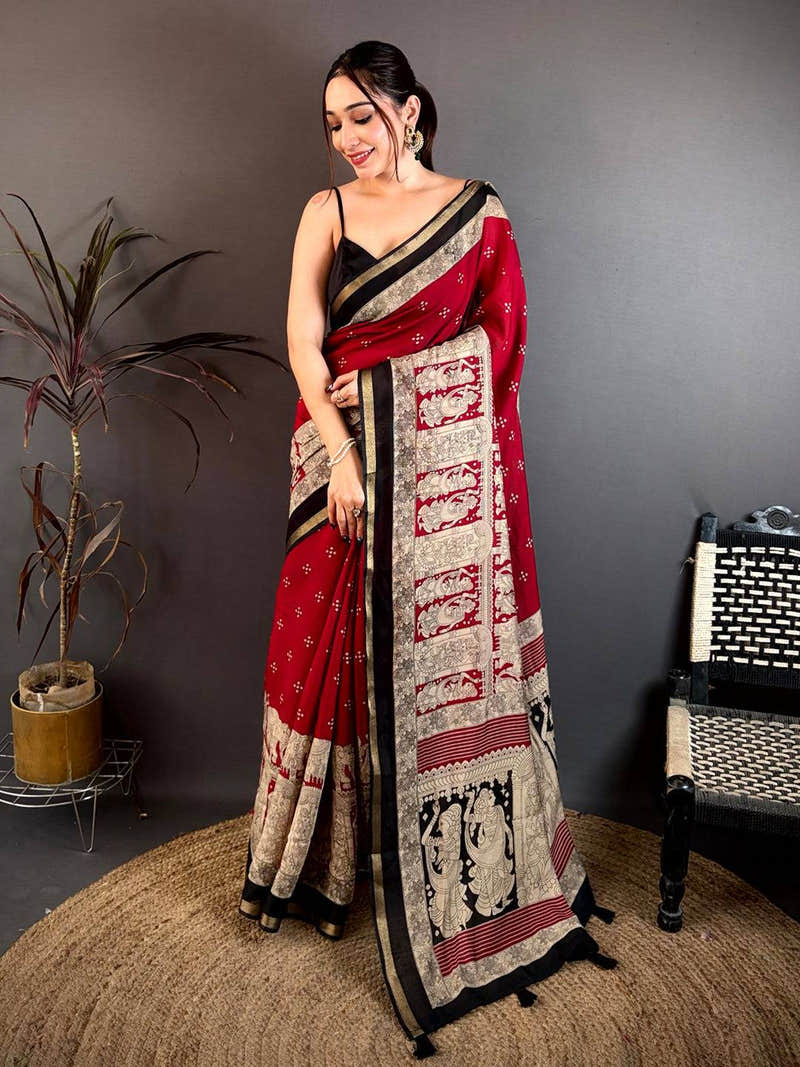 Red Mul Cotton Kalamkari Block Print Saree