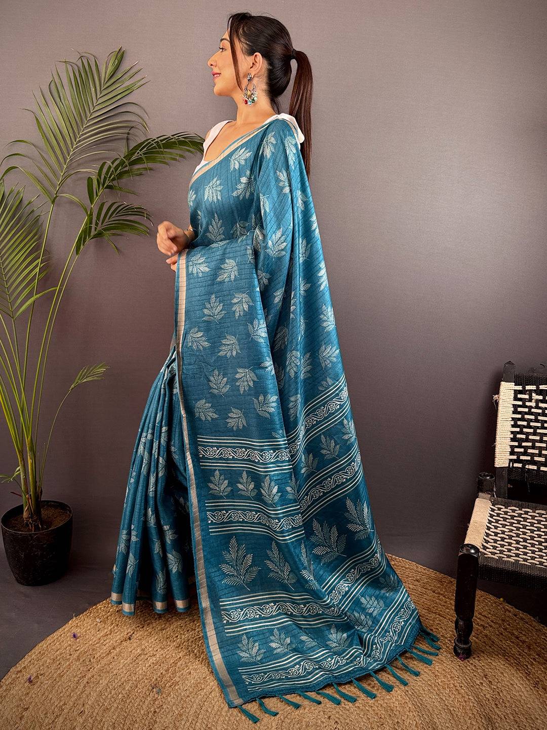 Teal Blue Leaf Print Ghicha Handloom Saree