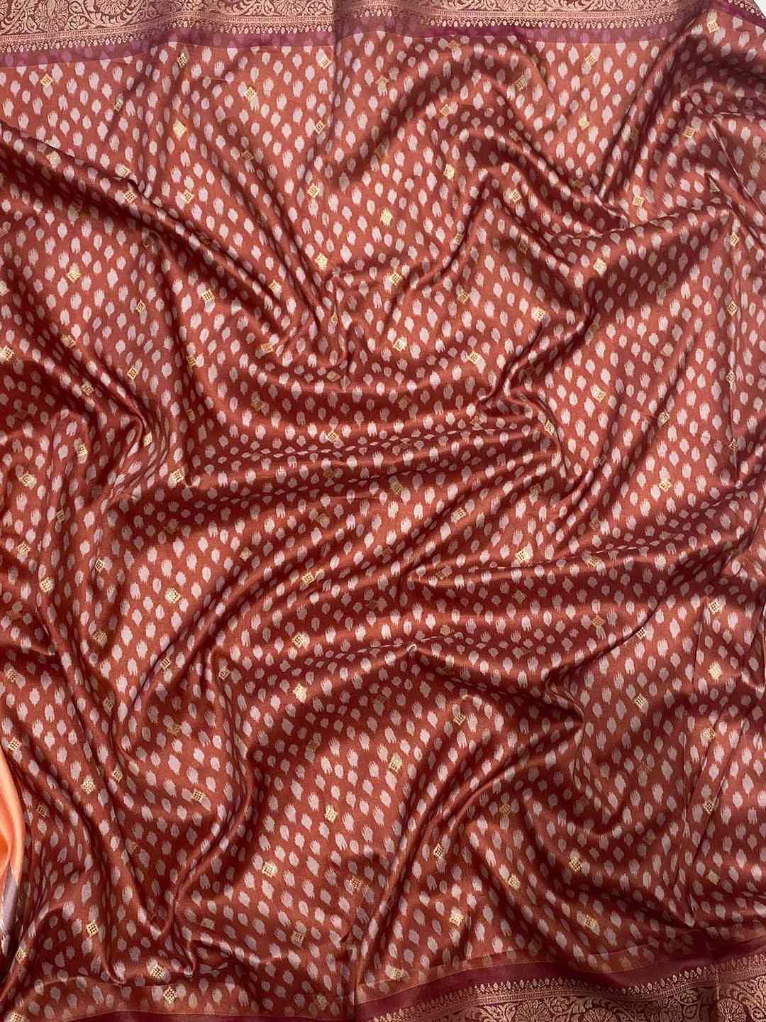 Close-up of Patola pallu on peach Banarasi soft silk saree