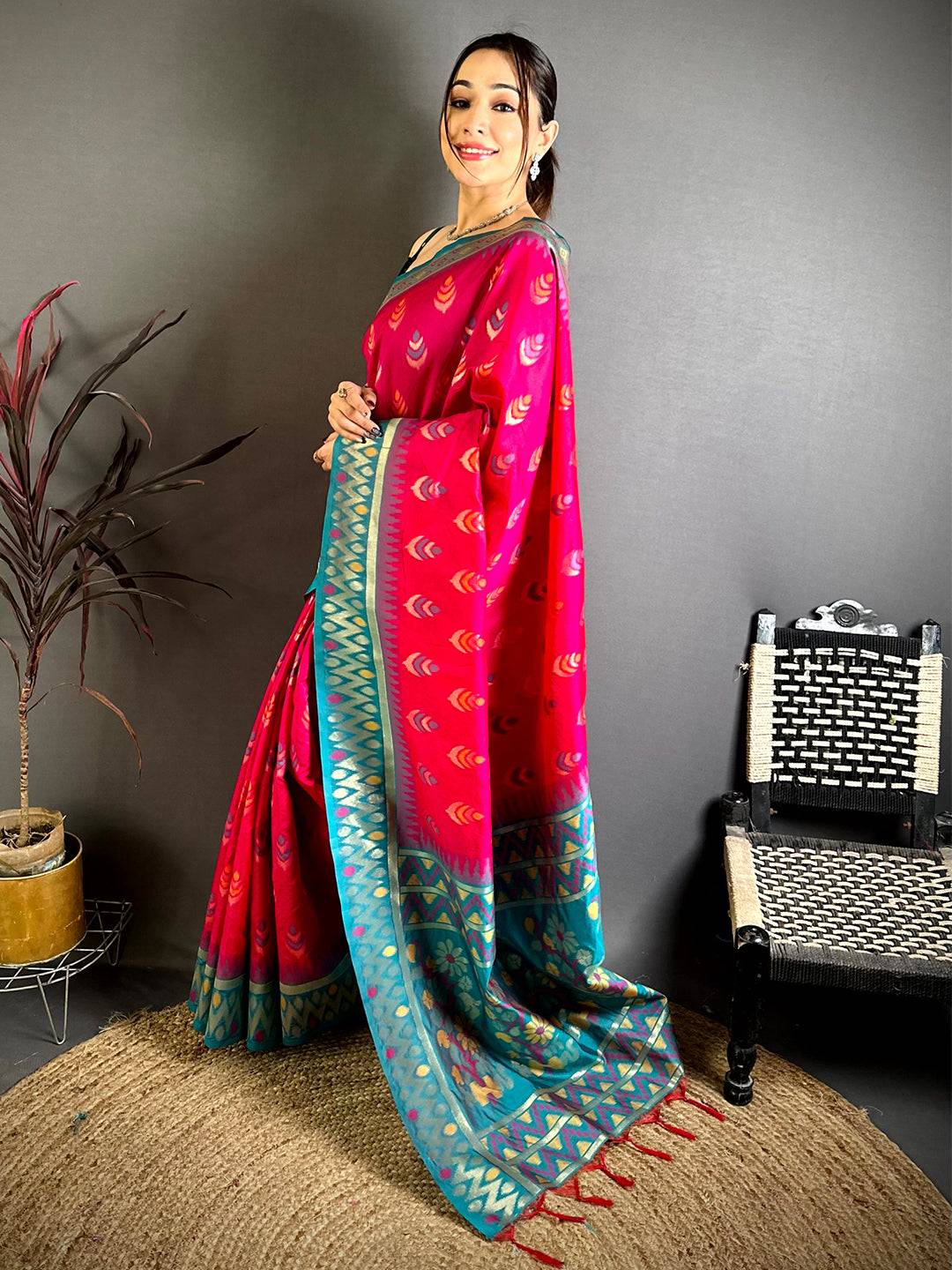 Rani Ikkat Minakari Soft Silk Saree