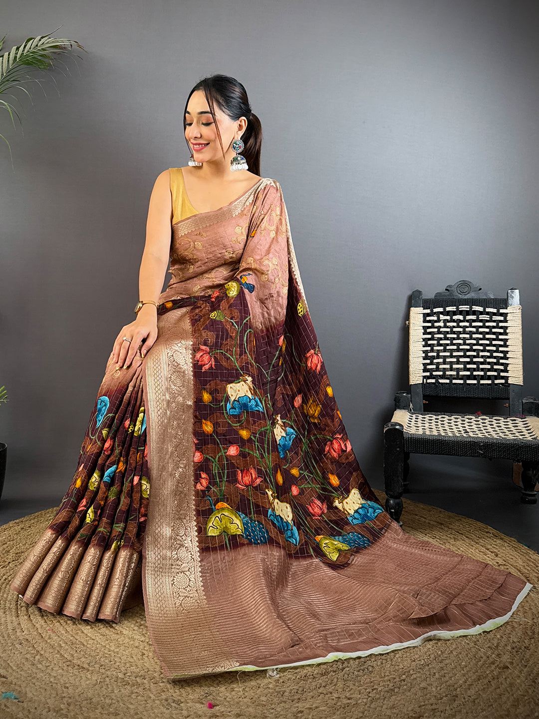 Brown Viscose Kanchi Pattu Border Saree