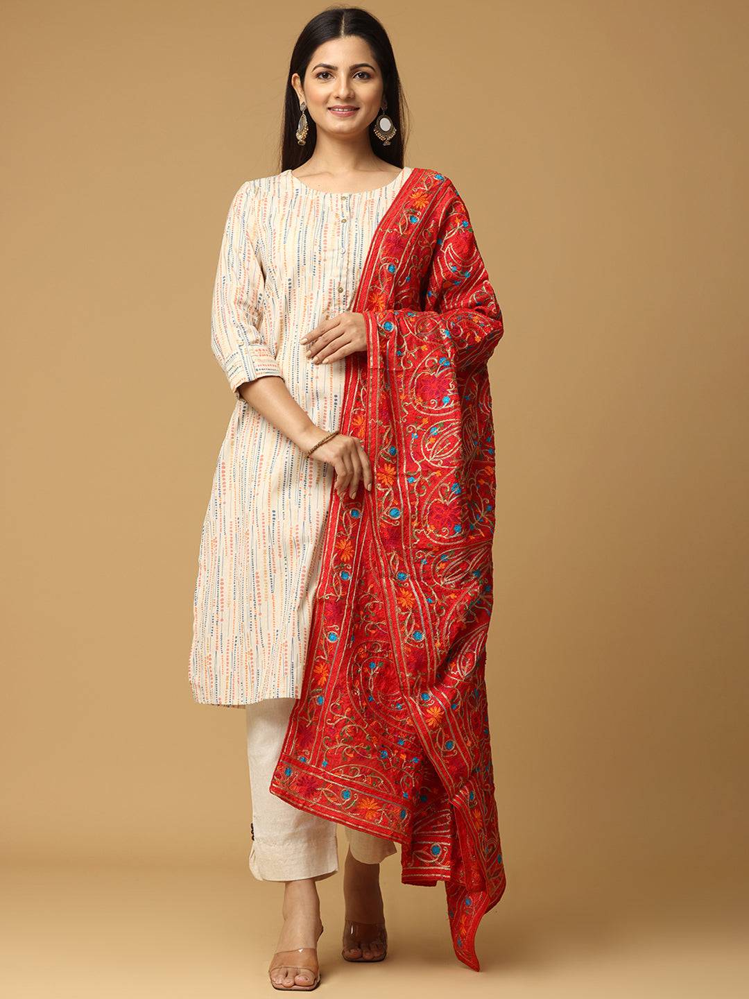 Red poly chiffon dupatta with pashmina threadwork, draped style