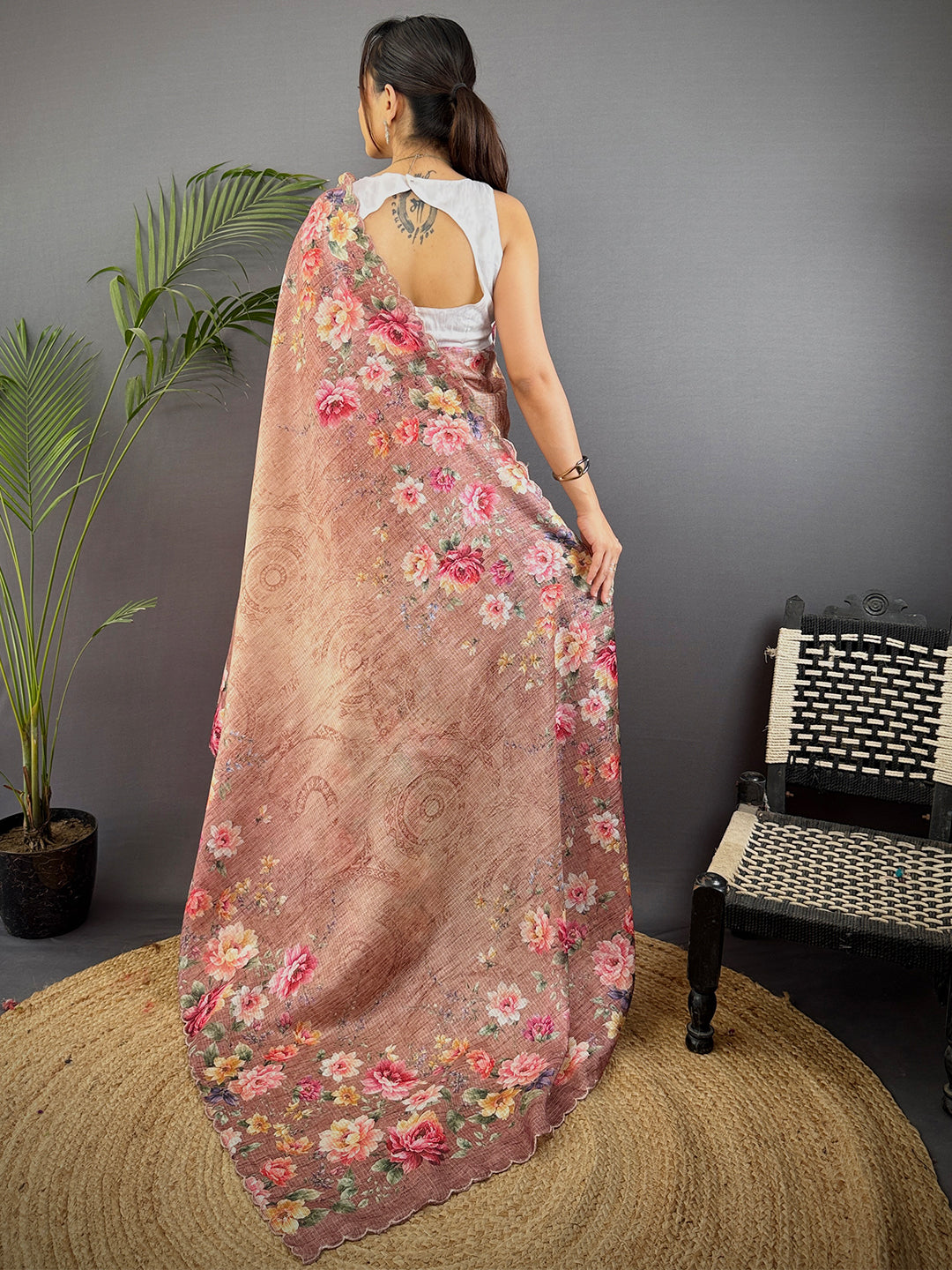Light Brown Kota Doriya Floral Cut Work Saree