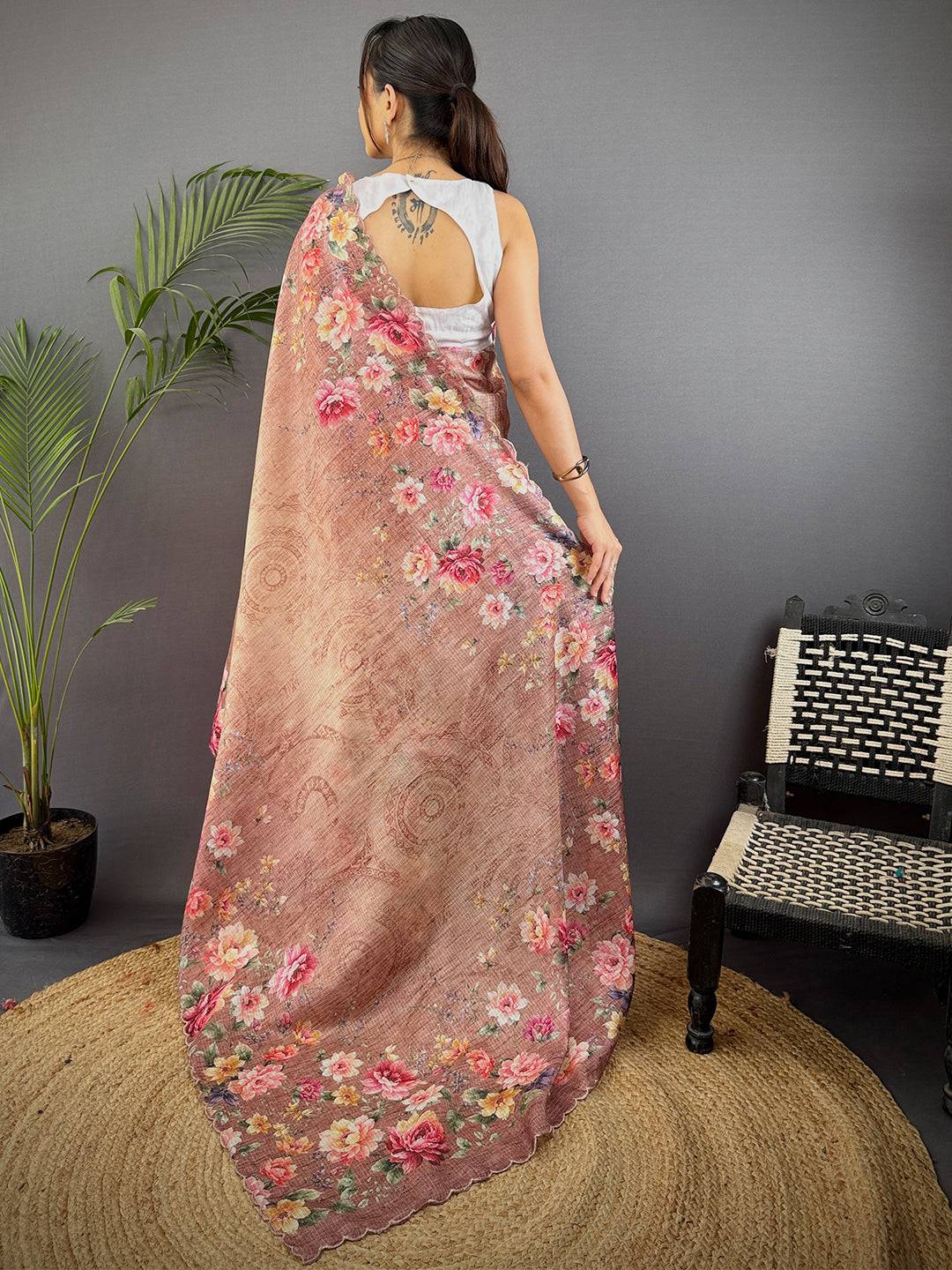 Light Brown Kota Doriya Floral Cut Work Saree