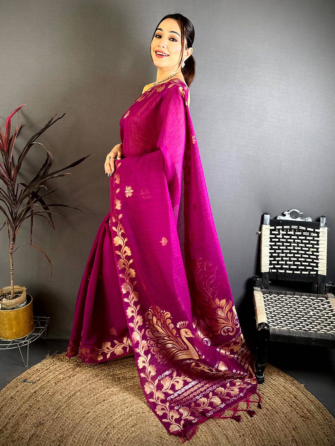 Wine Peacock Zari Munga Saree
