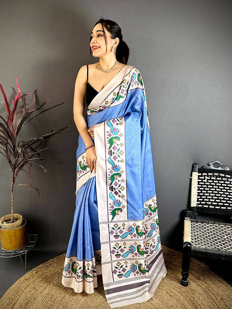 Royal Sky Blue Ikkat Soft Tussar Saree