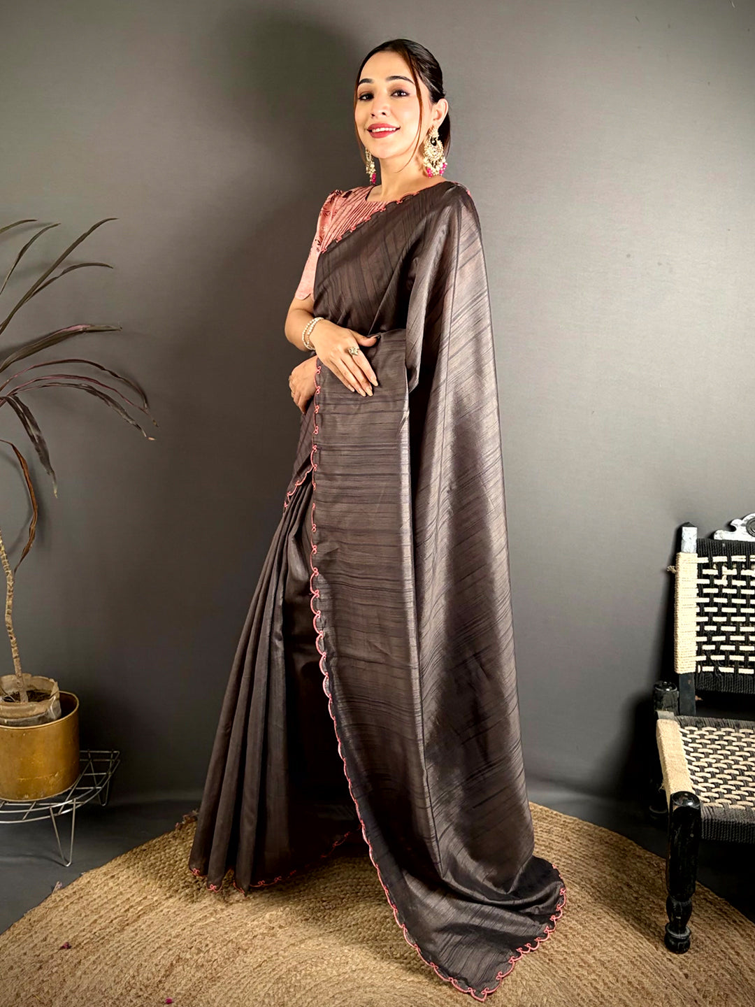 Korean Tussar Contrast Cutwork Saree