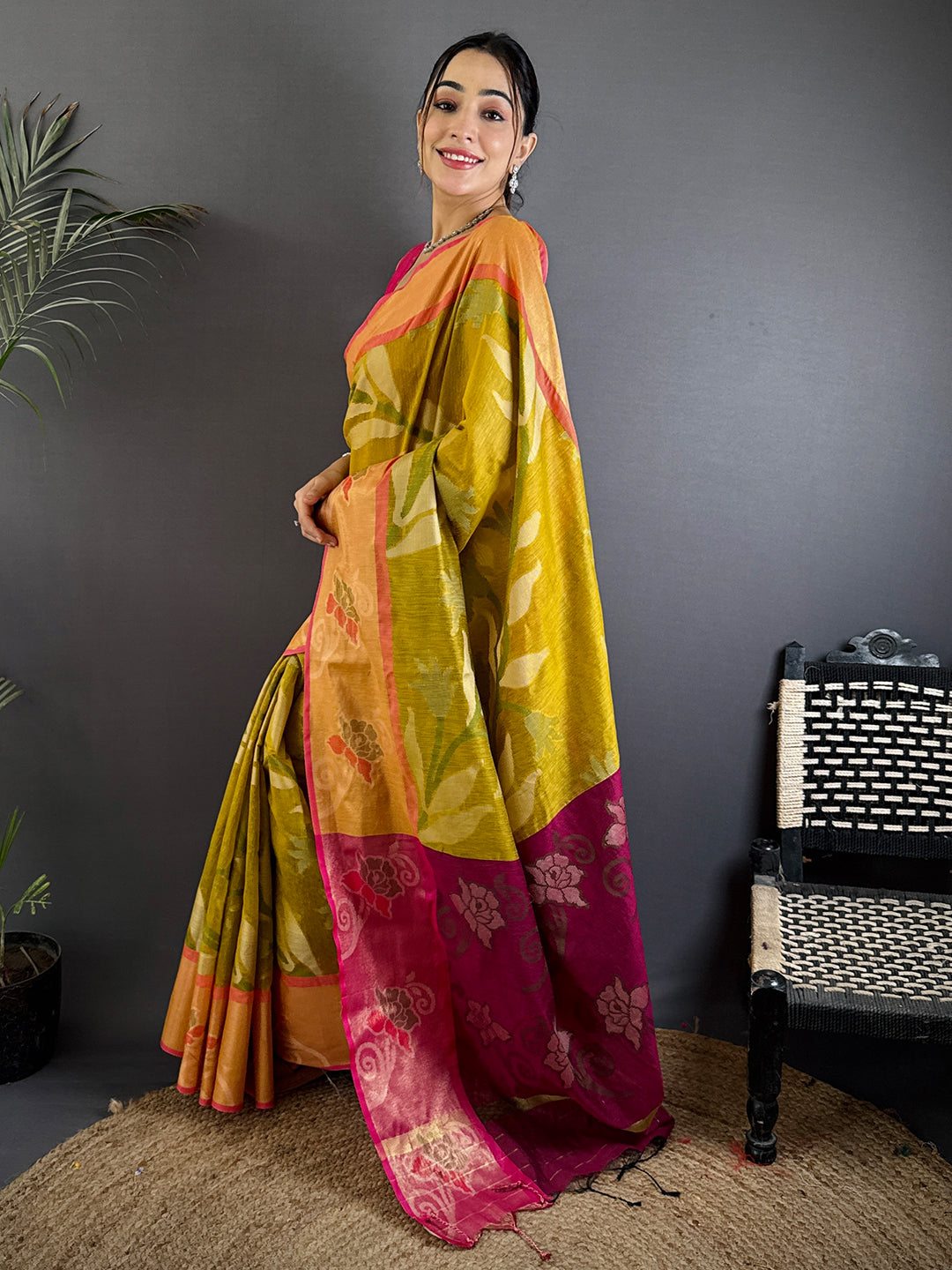 Yellow Soft Chanderi Pochampally Ikkat Saree