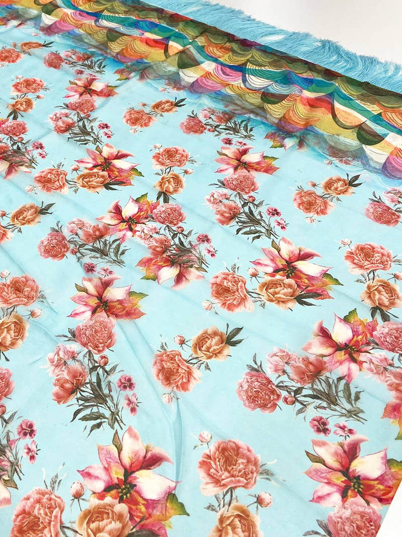 Sky Blue Floral Tebi Silk Saree