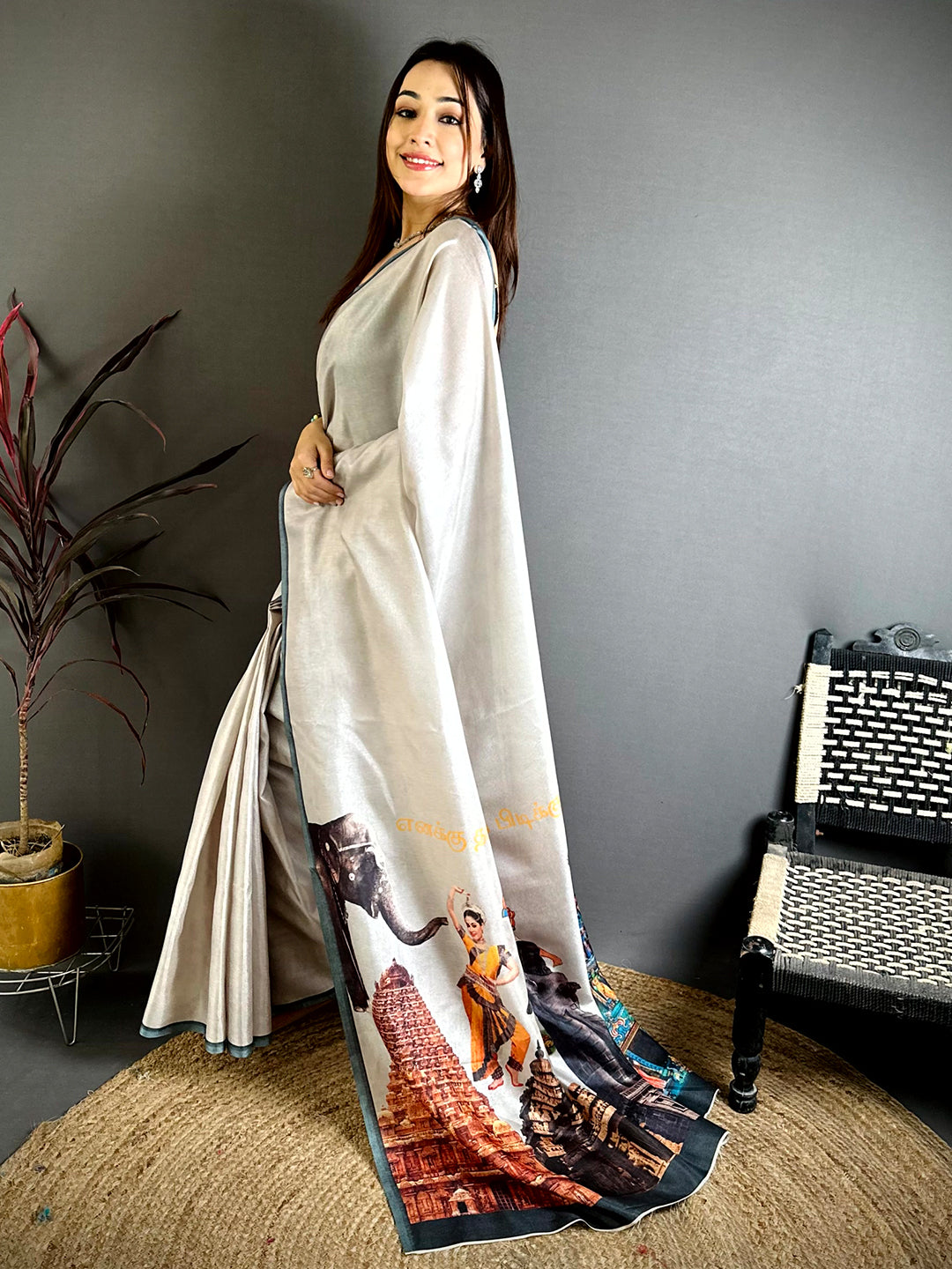 Royal Tamil Cultural Icons Digital Print saree